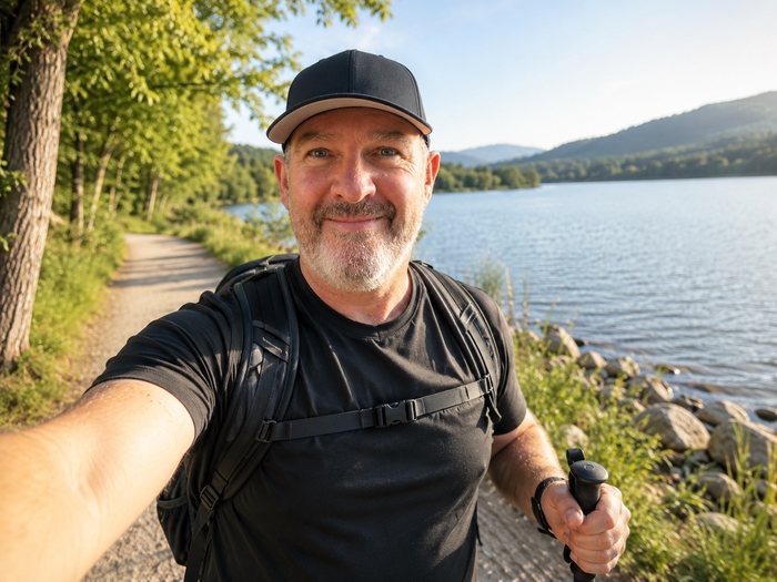 Claus Schertz beim Wandern an einem See, lächelnd, mit Wanderstock und Rucksack unterwegs